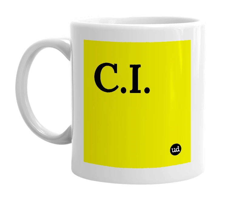 White mug with 'C.I.' in bold black letters