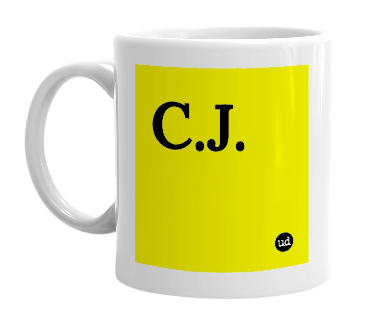 White mug with 'C.J.' in bold black letters