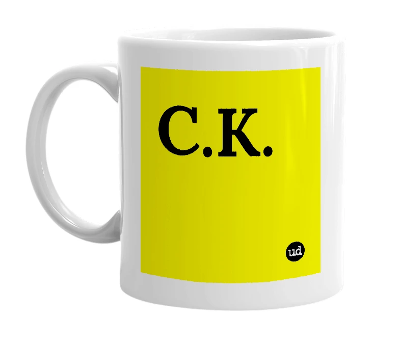 White mug with 'C.K.' in bold black letters