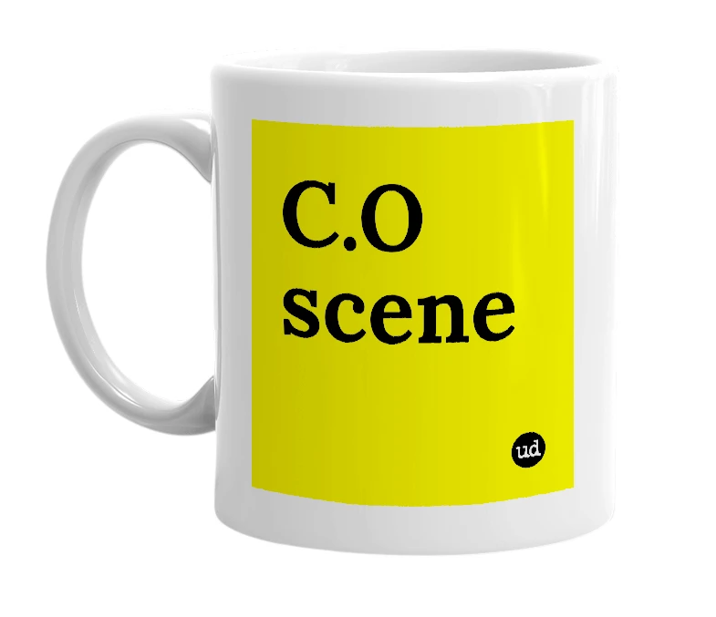 White mug with 'C.O scene' in bold black letters