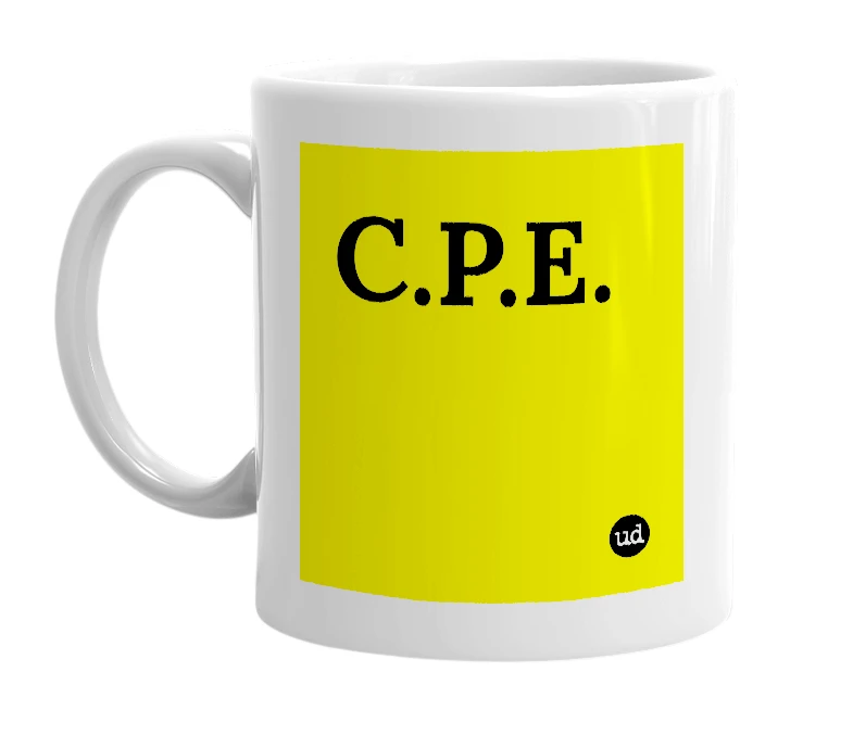 White mug with 'C.P.E.' in bold black letters