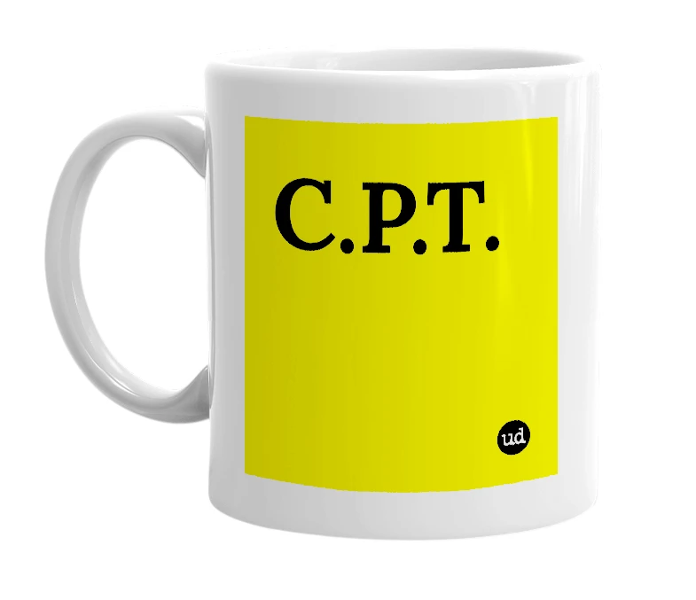 White mug with 'C.P.T.' in bold black letters