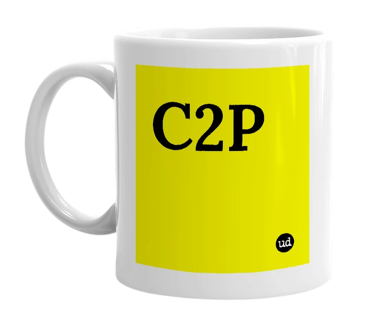 White mug with 'C2P' in bold black letters