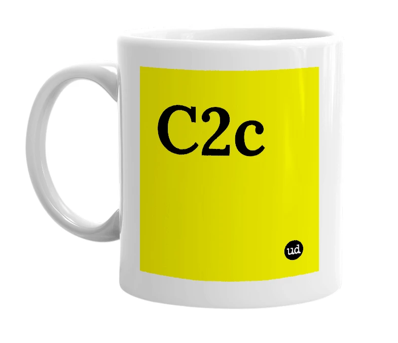 White mug with 'C2c' in bold black letters