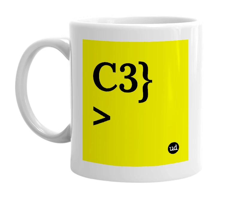 White mug with 'C3}>' in bold black letters