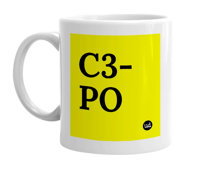 White mug with 'C3-PO' in bold black letters