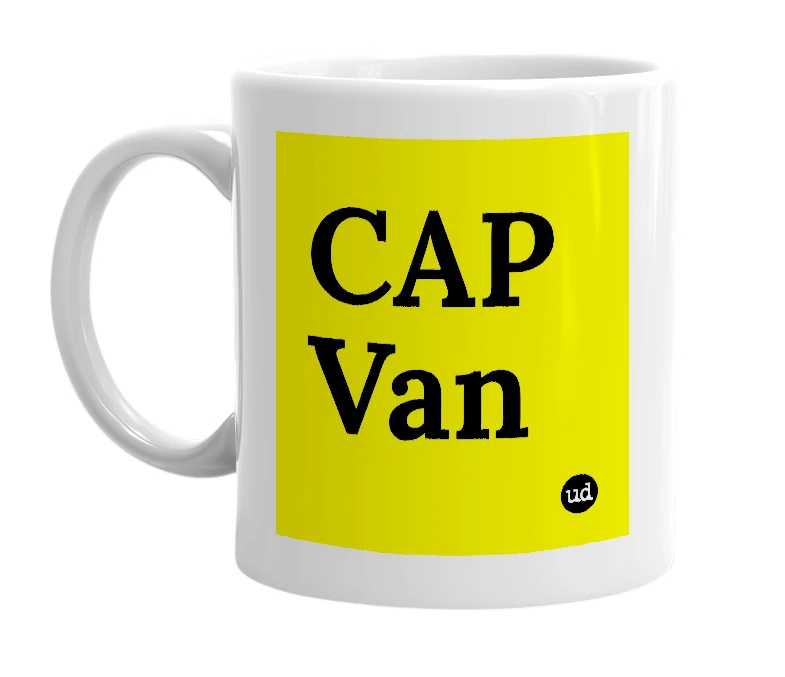 White mug with 'CAP Van' in bold black letters