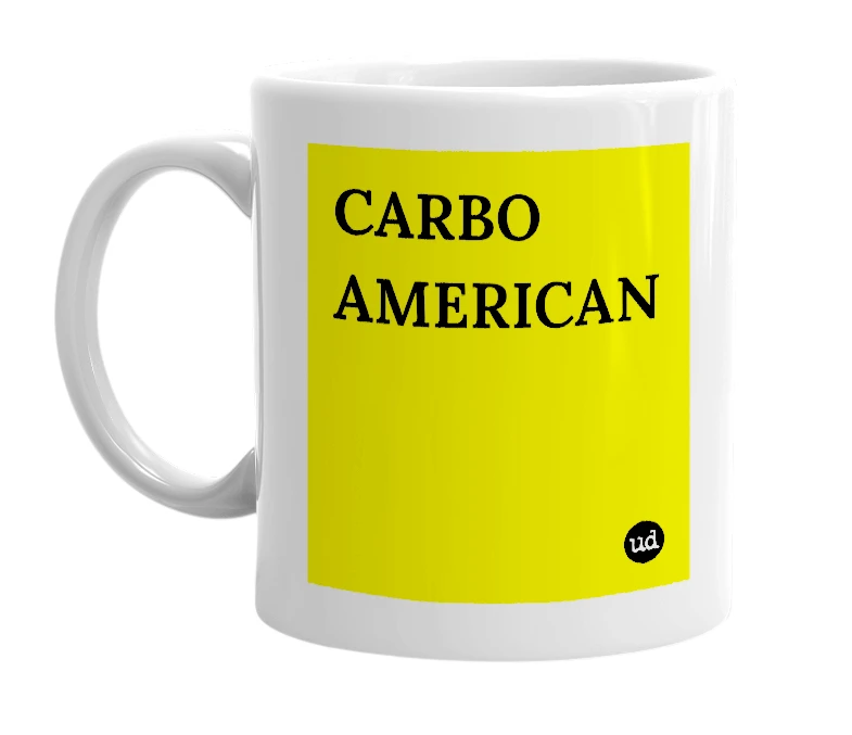 White mug with 'CARBO AMERICAN' in bold black letters
