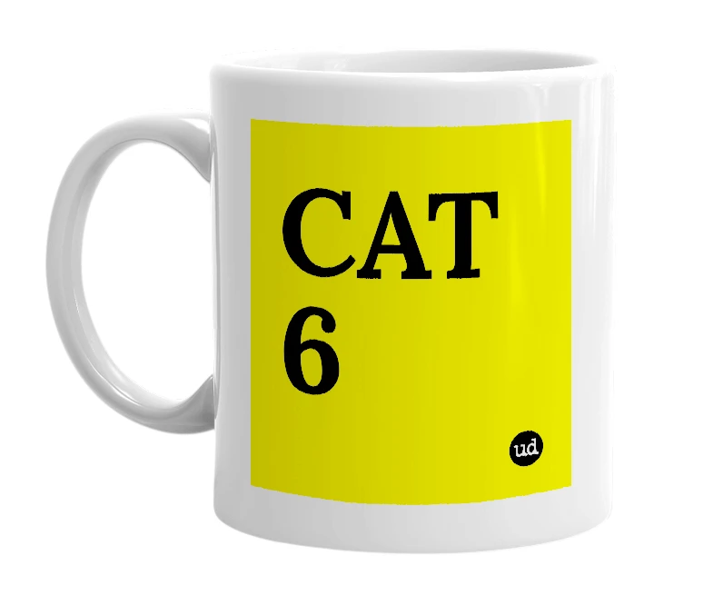White mug with 'CAT 6' in bold black letters