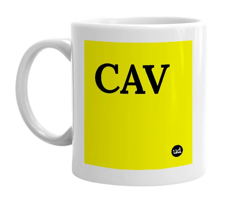 White mug with 'CAV' in bold black letters
