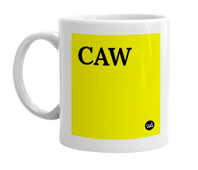 White mug with 'CAW' in bold black letters