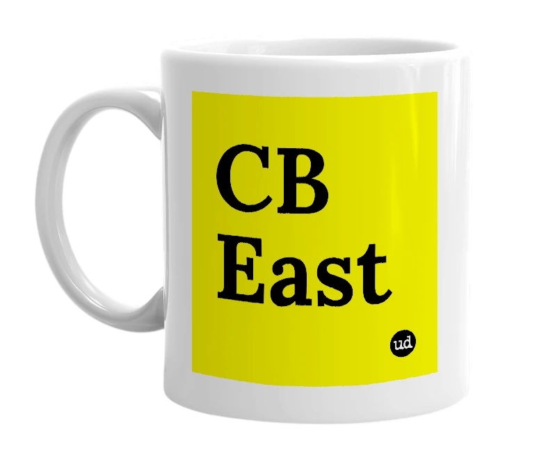 White mug with 'CB East' in bold black letters