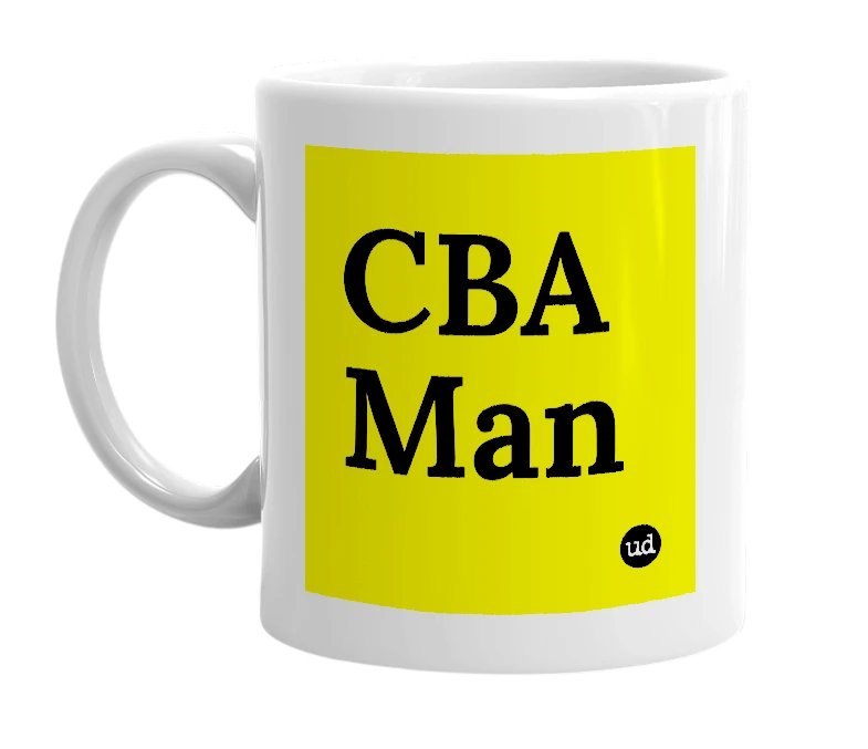 White mug with 'CBA Man' in bold black letters