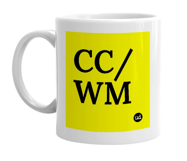 White mug with 'CC/WM' in bold black letters