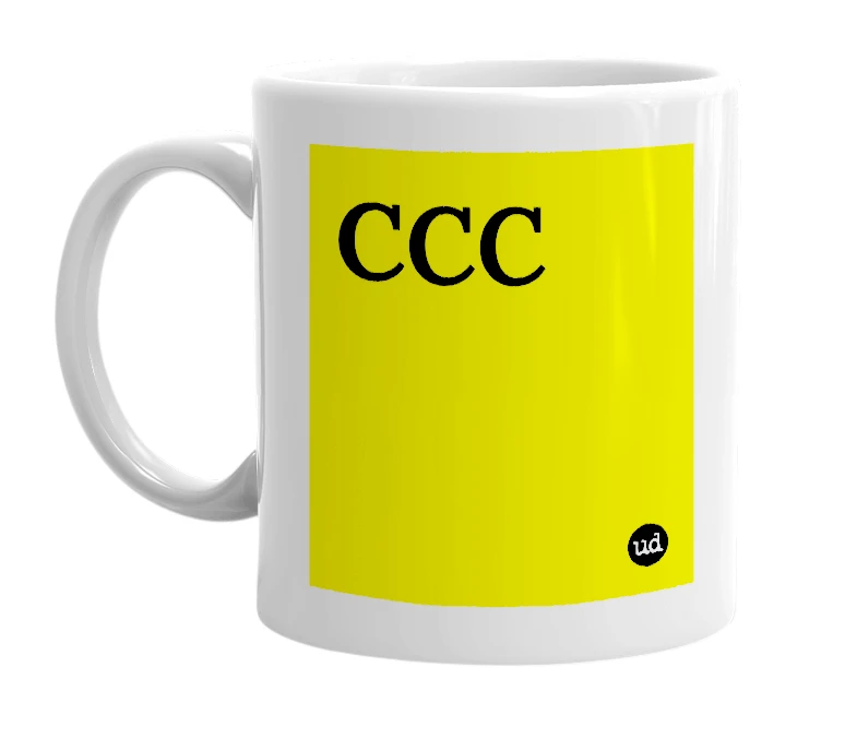 White mug with 'CCC' in bold black letters