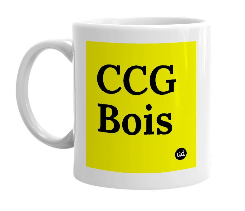 White mug with 'CCG Bois' in bold black letters