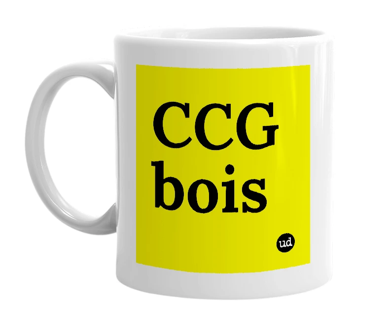 White mug with 'CCG bois' in bold black letters