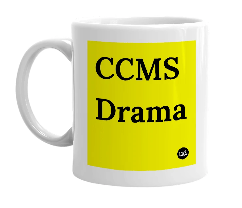 White mug with 'CCMS Drama' in bold black letters