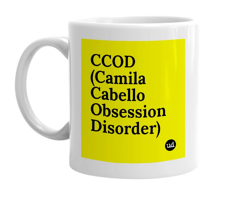 White mug with 'CCOD (Camila Cabello Obsession Disorder)' in bold black letters