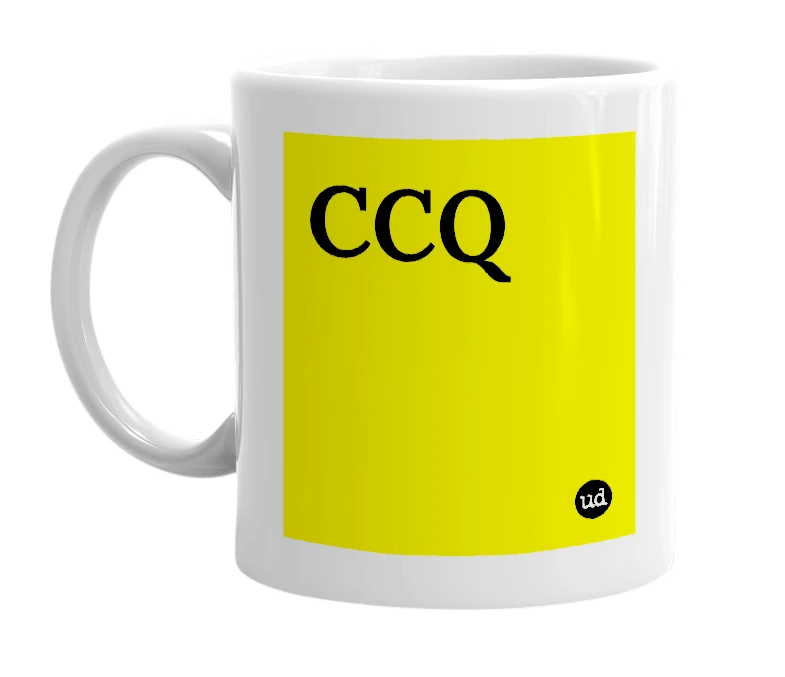 White mug with 'CCQ' in bold black letters