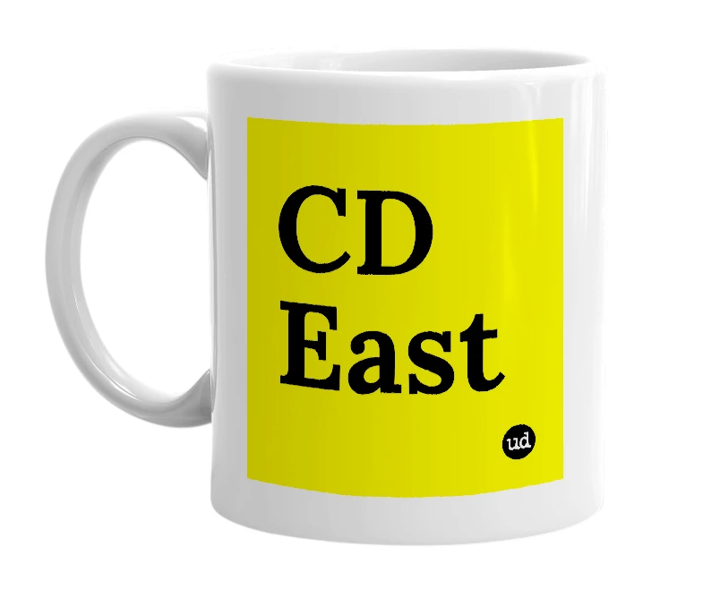 White mug with 'CD East' in bold black letters