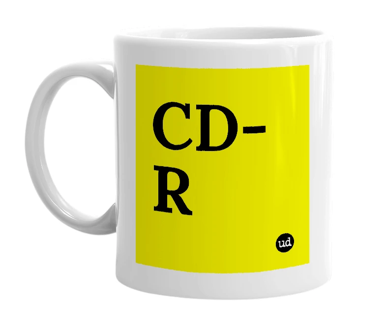 White mug with 'CD-R' in bold black letters