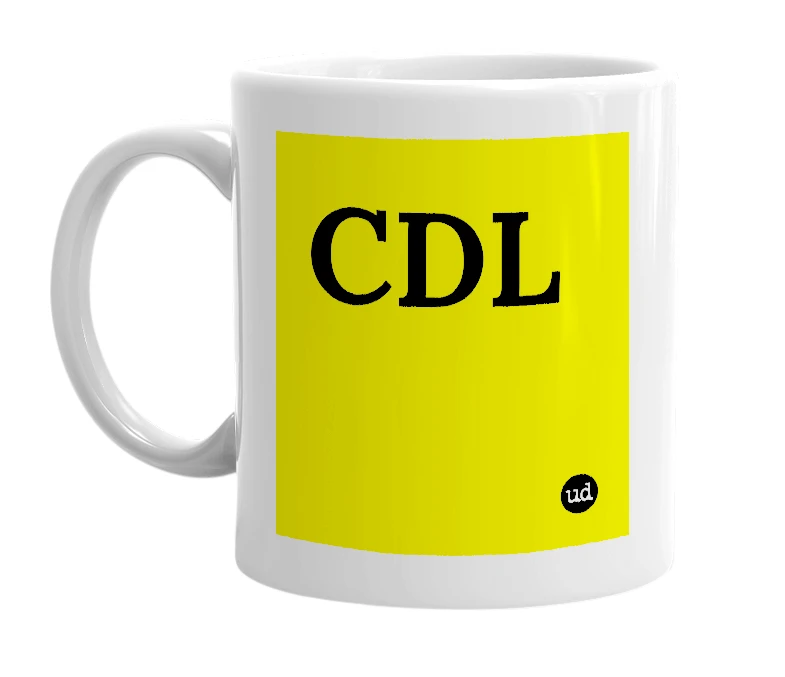 White mug with 'CDL' in bold black letters