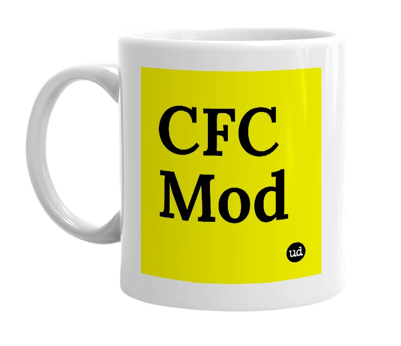 White mug with 'CFC Mod' in bold black letters