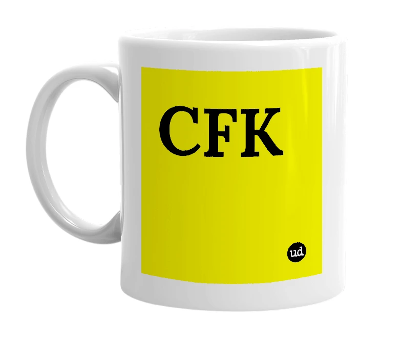 White mug with 'CFK' in bold black letters