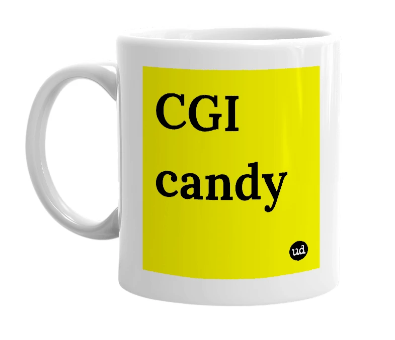 White mug with 'CGI candy' in bold black letters