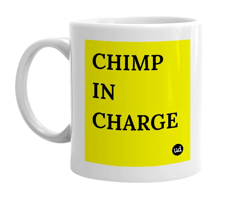 White mug with 'CHIMP IN CHARGE' in bold black letters