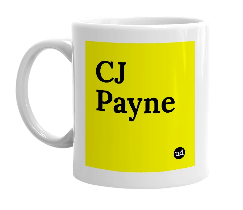 White mug with 'CJ Payne' in bold black letters