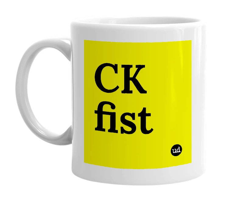 White mug with 'CK fist' in bold black letters