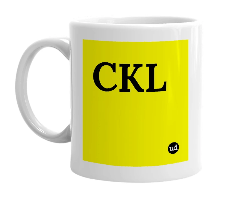 White mug with 'CKL' in bold black letters