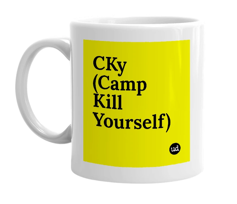 White mug with 'CKy (Camp Kill Yourself)' in bold black letters