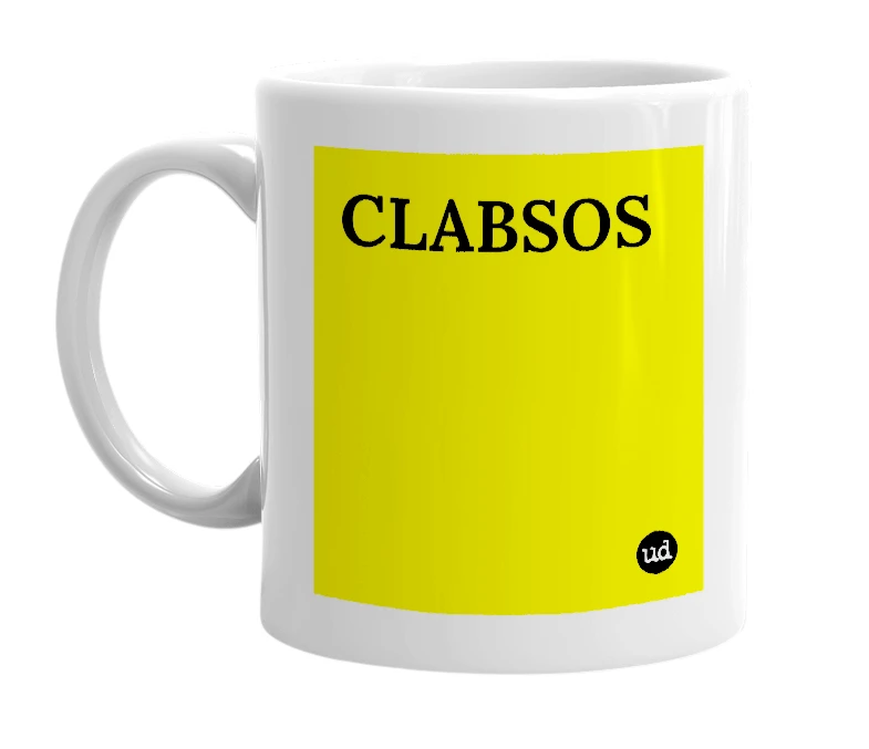 White mug with 'CLABSOS' in bold black letters