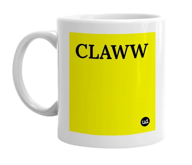 White mug with 'CLAWW' in bold black letters