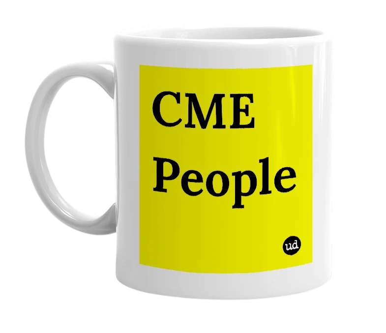 White mug with 'CME People' in bold black letters
