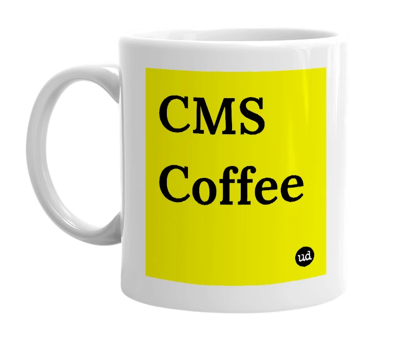 White mug with 'CMS Coffee' in bold black letters