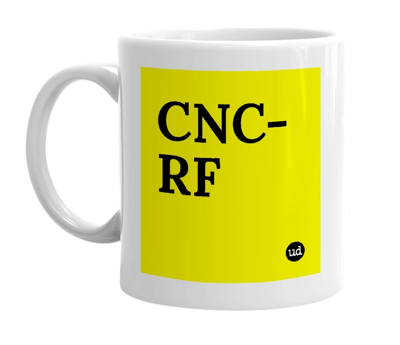 White mug with 'CNC- RF' in bold black letters