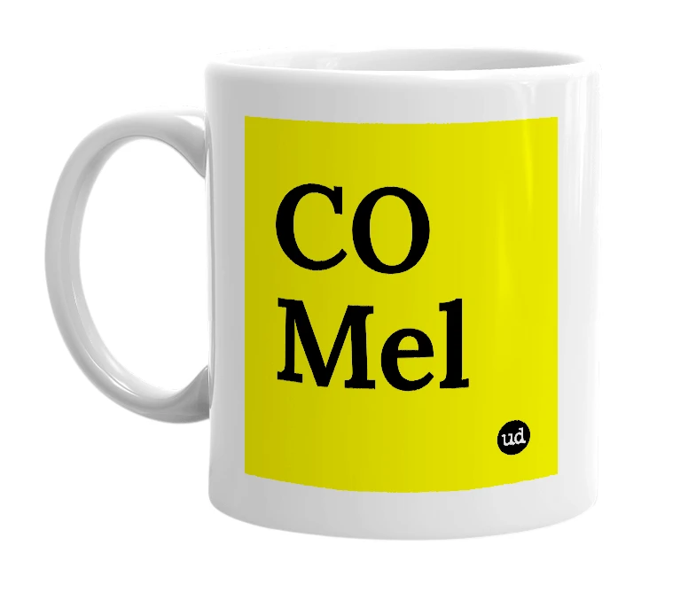 White mug with 'CO Mel' in bold black letters