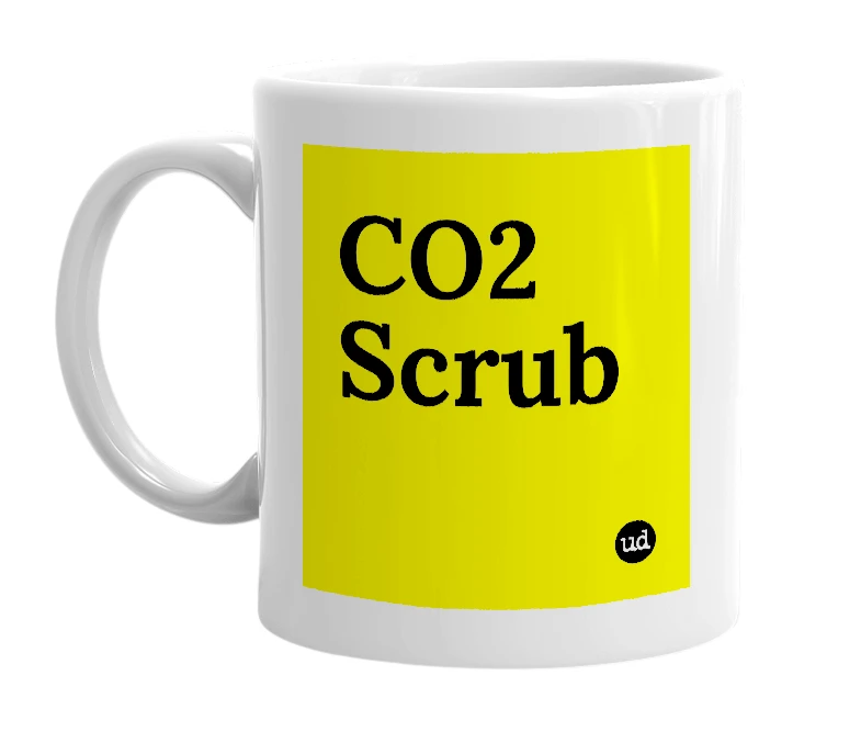 White mug with 'CO2 Scrub' in bold black letters