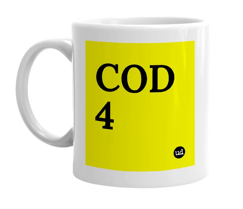 White mug with 'COD 4' in bold black letters
