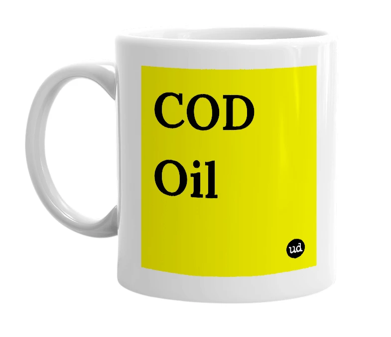 White mug with 'COD Oil' in bold black letters