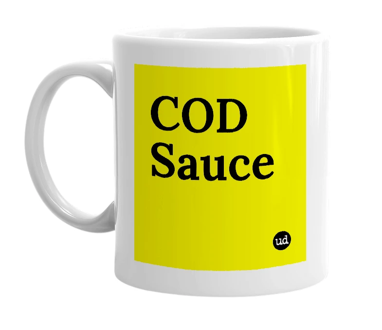 White mug with 'COD Sauce' in bold black letters