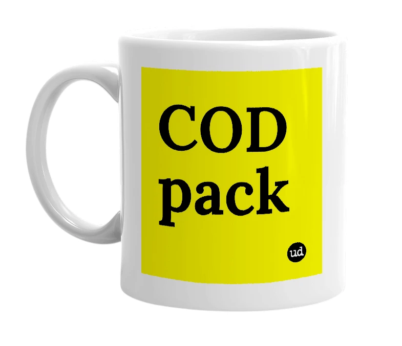 White mug with 'COD pack' in bold black letters