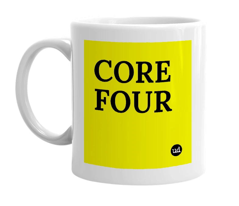 White mug with 'CORE FOUR' in bold black letters