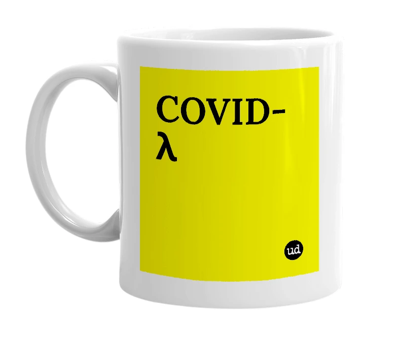 White mug with 'COVID-λ' in bold black letters