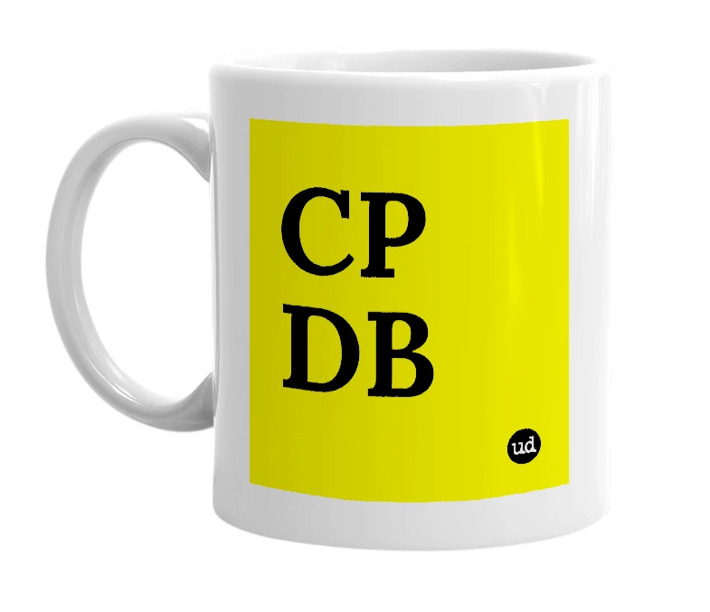 White mug with 'CP DB' in bold black letters