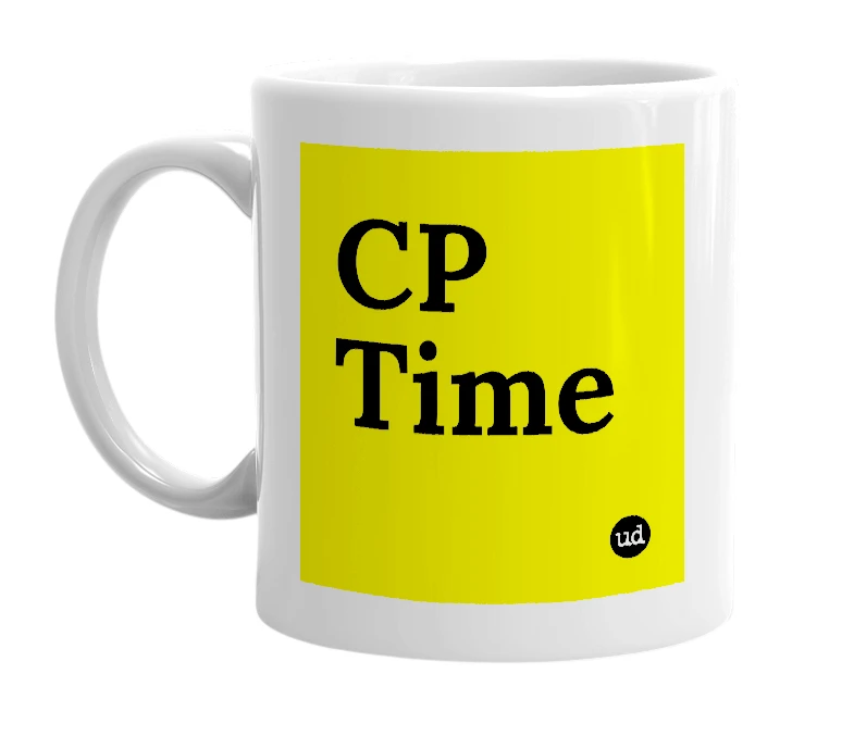 White mug with 'CP Time' in bold black letters